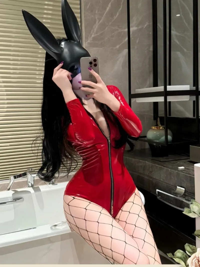 Sexy Patent Leather Bodysuit Zipper Uniform Pure Desire Sleepwear For Women Rompers Clothing Body Suits Fashion Women 3X63