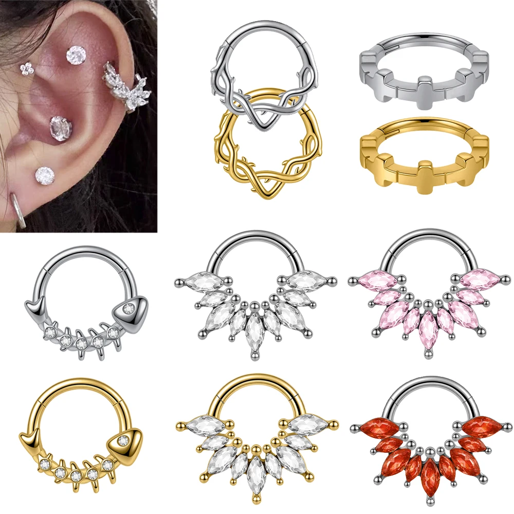 1PC Corss/Fish Bone/Many Marquise Nose Septum Surgical Steel Hoop Zirconia Segment Hinger Ear Rook Cartilage Daith Helix Earring
