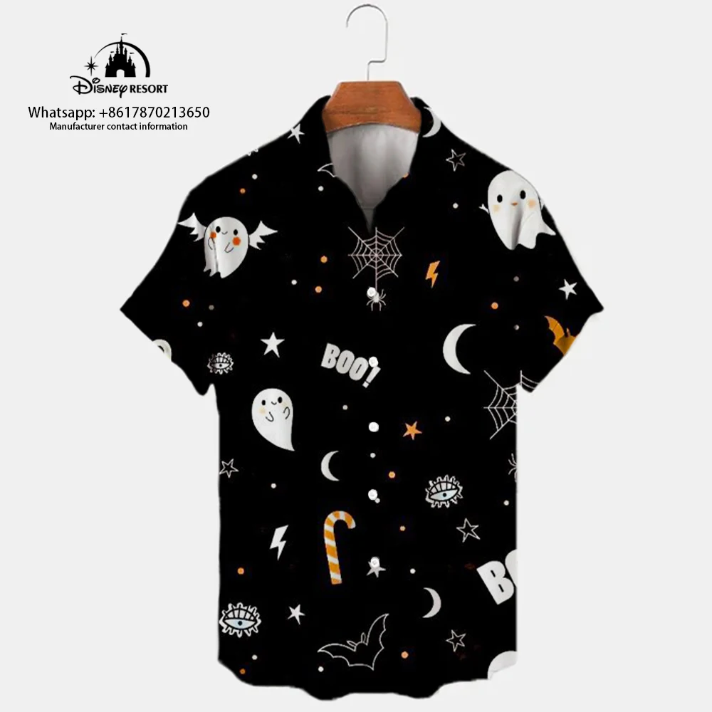 2024 Street Halloween New 3D Fashion Harajuku Lapel Short Sleeve Single Breasted Shirt Mickey Pattern Print Casual Shirt Y2K