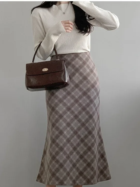 

Retro Plaid Woolen Midi Skirt Women's Chic High Waist Slimming Design Sensation f-length Bodycon Skirts Korean Sle