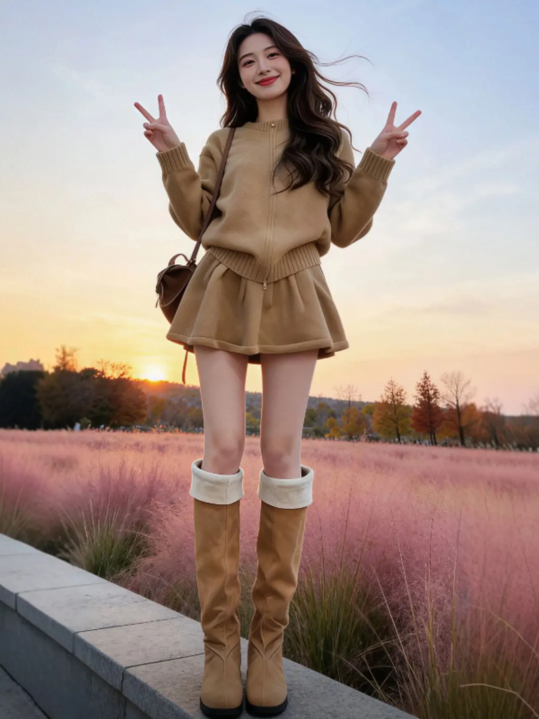 

Комплект из вязаного топа и юбки в стиле ретро: комфортный, универсальный, с длинным рукавом, круглым вырезом, на хлопковой подкладке, весенняя коллекция.