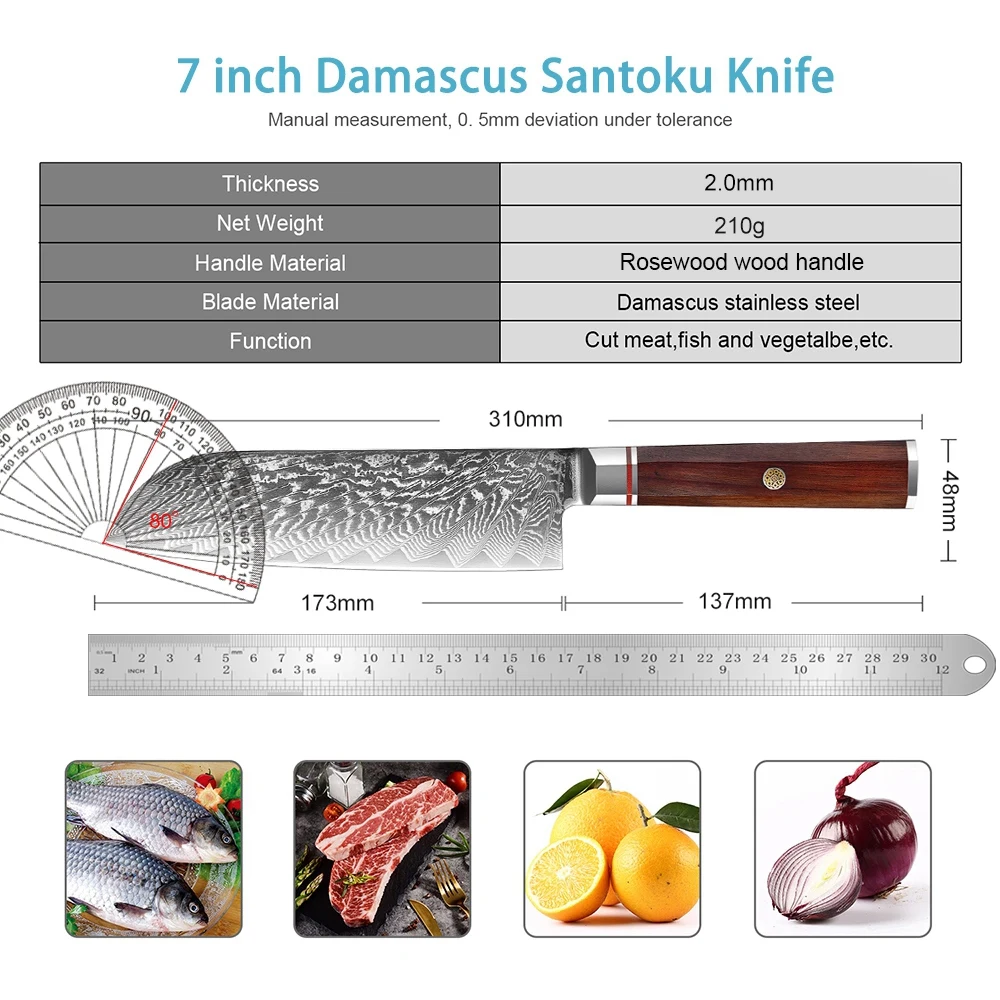 XITUO Santoku Chef’s Knife 7 inch Best pro Santoku Knife Japanese VG10 Damascus steel ultra sharp blade edge octagonal handle