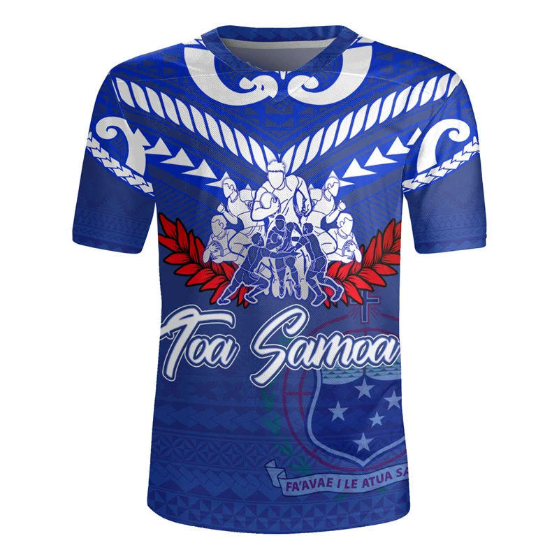 3D Printed The Republicof Samoa Map Flag Rugby V Neck T Shirt American Samoa Emblem Graphic Short Sleeves Vintage Mens Clothing