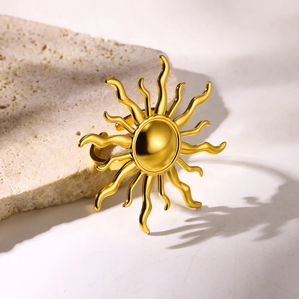 Gold Color Exaggerated Sun Rings For Women Goddess Stainless Steel Bague Jewelry Fashion Anniversary Party Lucky Anillos Gifts