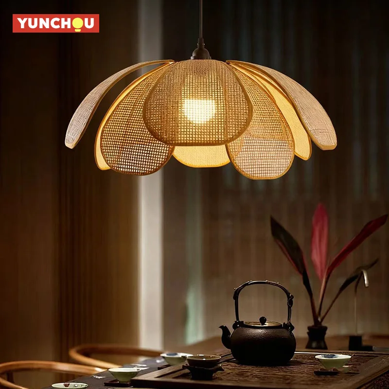 Handwoven Rattan Petal Pendant Light Japanese Zen LED Chandelier for Living Dining Room Bedroom Boho Home Decor