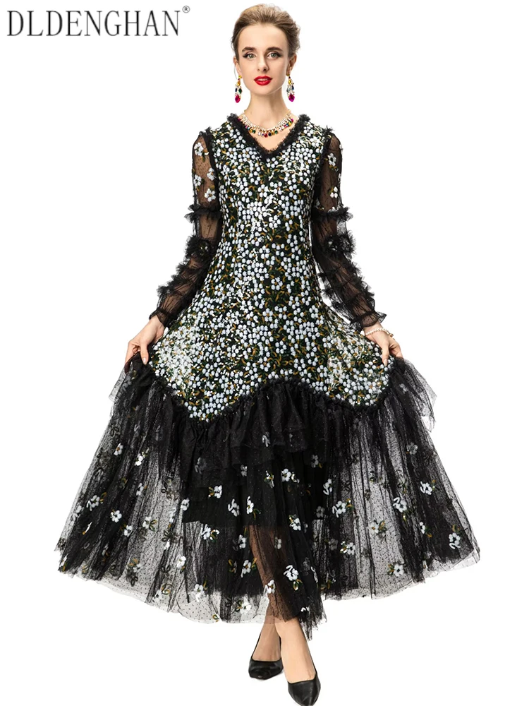 DLDENGHAN 여성용 스팽글 자수 메쉬 맥시 드레스 브이넥 랜턴 슬리브 프릴 우아한 볼 가운 드레스 패션 가을 여성