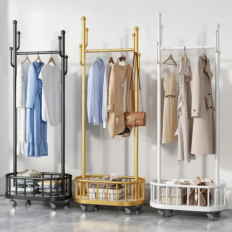 Goldene Kleiderständer zum Aufhängen von Kleidung, rollender Kleiderständer, Metall-Kleiderbügelständer mit Rädern, Aufbewahrungsregal, Kleiderständer