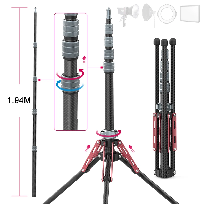 1.9M Carbon Fiber Lighting Stand Portable Detachable Tripod Photography Stand for Camera LED Light Flash Softbox aputure 200x-s