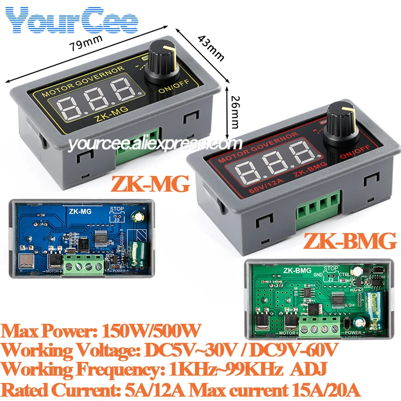 PWM DC Motor Controller Adjustable Speed ZK-BMG 500W DC9-60V 12A Digital Display Encoder Duty Ratio ZK-MG DC5-30V 150W 5A