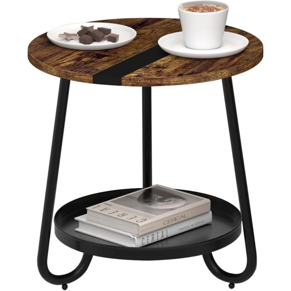 

2 Tier Coffee Table in Living Room, Industrial Style Round Coffee Table with Metal Tray, Wood Small Outdoor Coffee Table for Bed