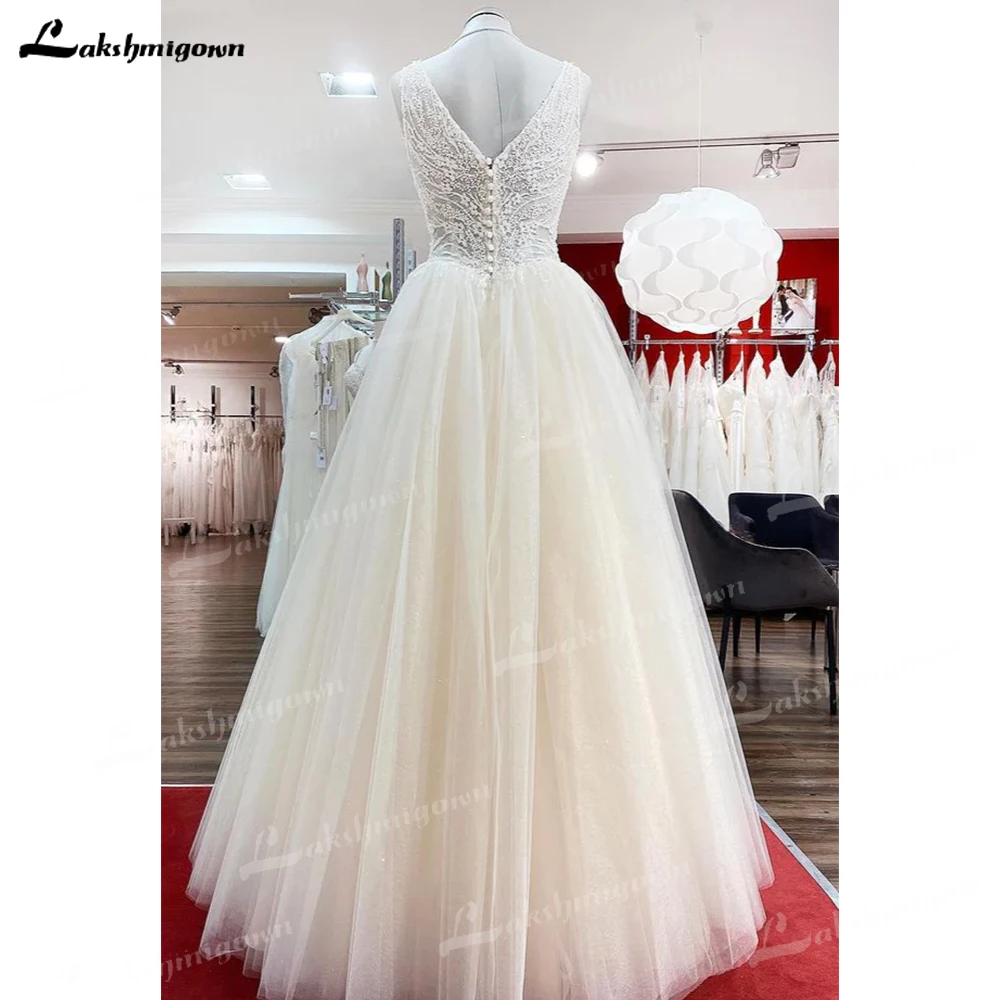 Charming Unique Ivory Long Princess Wedding Dress V-neck Tulle Lace Spring Summer Fall Sweep Train Sleeveless Floor-length