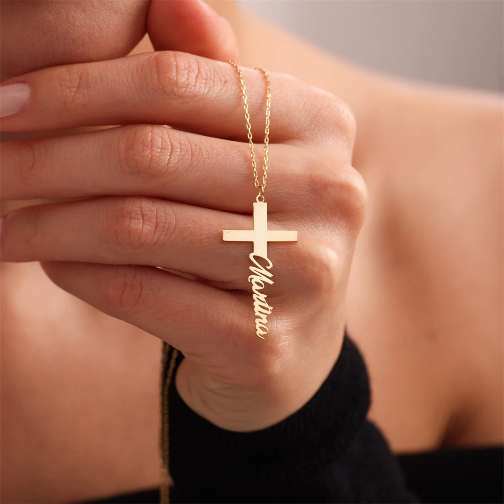 

Ожерелье с крестом на заказ, христианские ювелирные изделия из нержавеющей стали, персонализированные гравированные ожерелья с именем для женщин и мужчин, подарок на день Святого Валентина