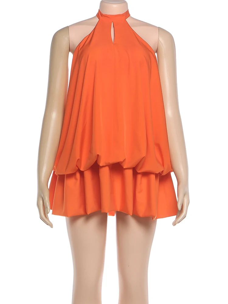 Cutenew Abito sexy senza schienale con scollo all'americana Donna Y2K Hollow Bubble senza maniche Doppio strato Vacanza estiva Midnight Clubwear Aderente