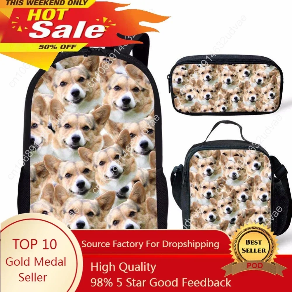 3pcs/set Husky Shiba Dog Printed Kid School Bag Set 16inch Book Bag Shoulder Backpack Children Bookbag Satchel