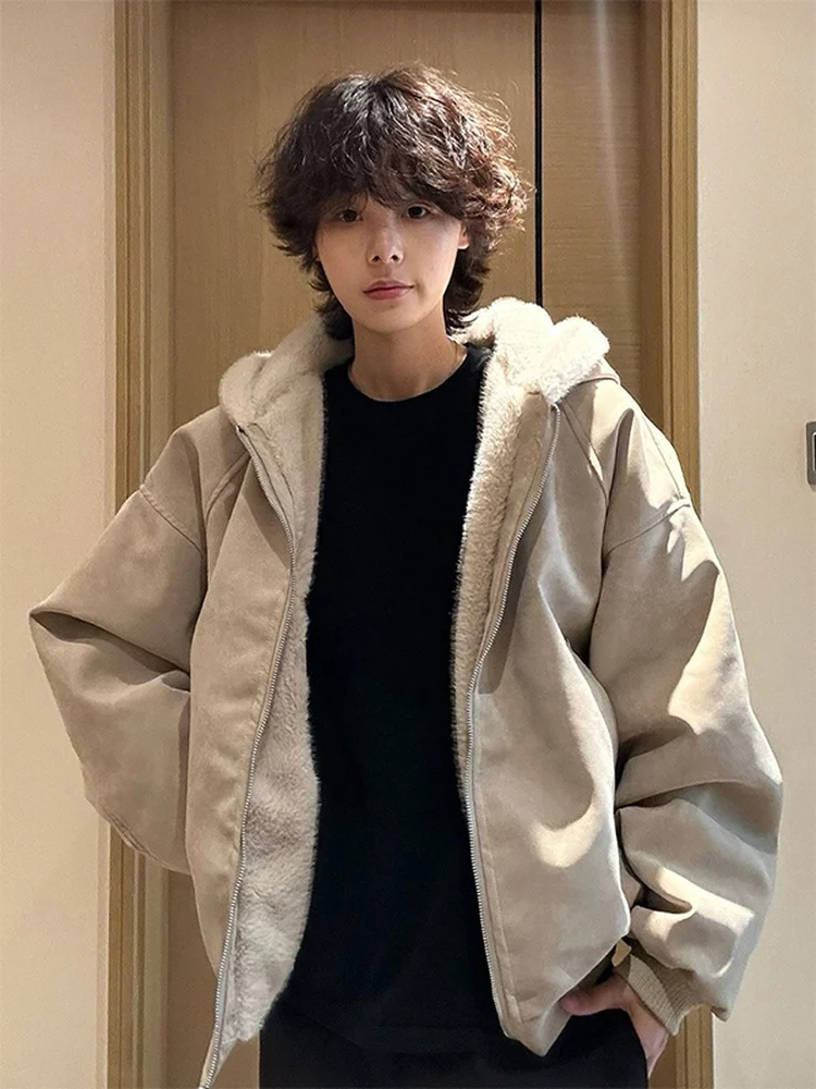 

Men's Thiened Loose Fit Hoodie Jaet Autumn Winter Warm Cotton Coat Casual Sle Youth Trend Windproof Zipper Closure