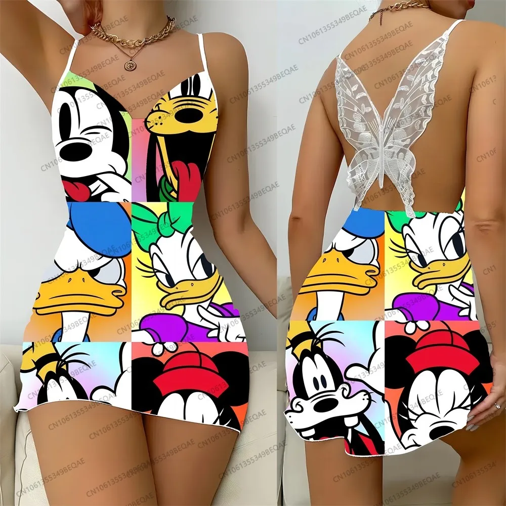 

Summer New Elegant Women's Dress Butterfly Lace Suspender Skirt Disney Print Trendy Sexy Backless Sleeveless Party Nightwear