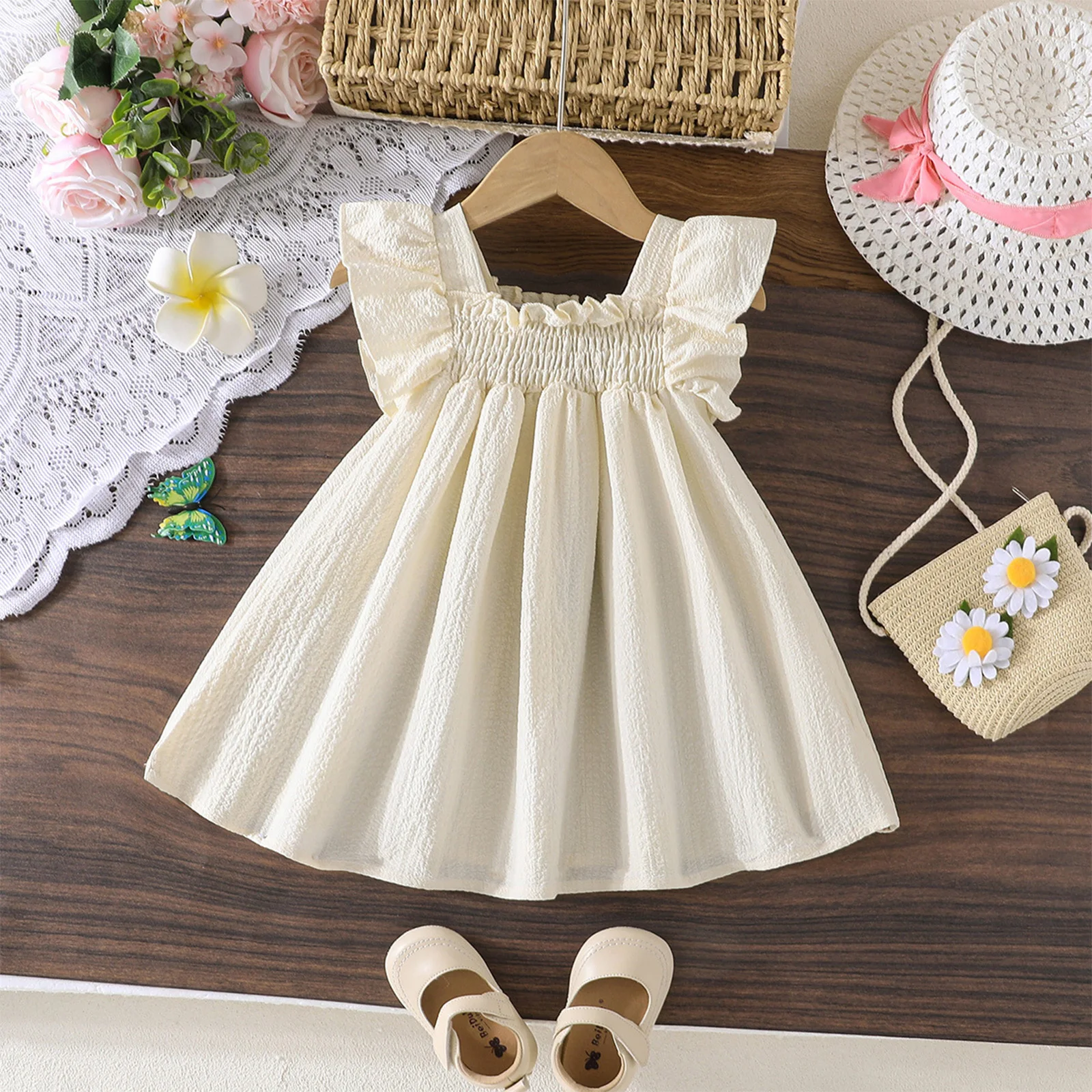 Toddler Girls Clothes Sweet Butterfly Dress Fly Sleeves Smocking Stitch Sundress Kids Clothing Summer Birthday Party Casual Wear