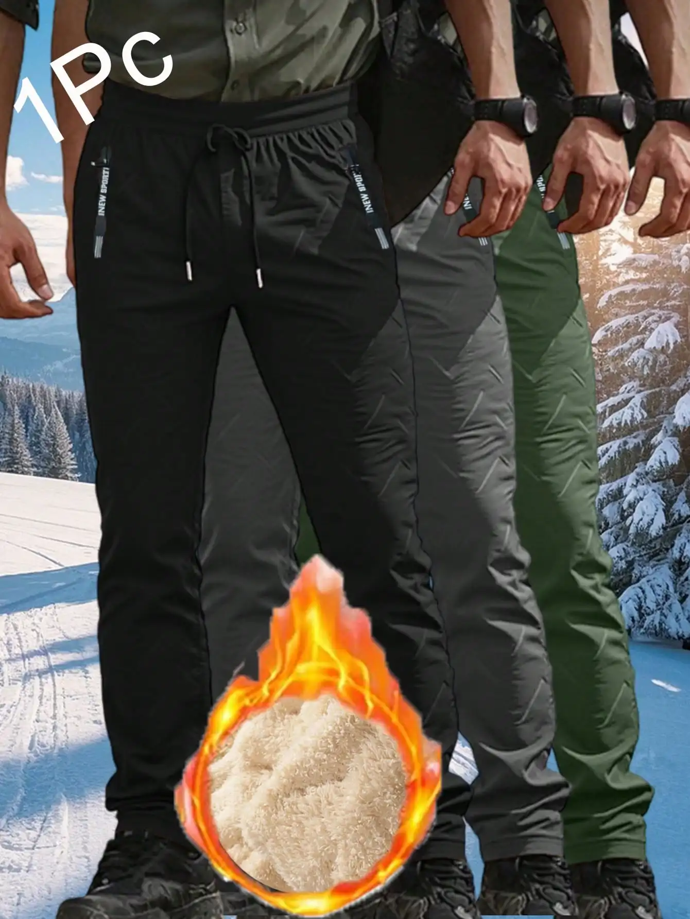 

Men's Thermal Lined Winter Pants with Drawstring Waist & Zip Pockets