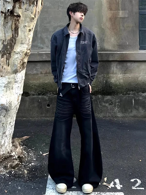 

Bla Ruffled Straight Leg Men's Jeans American Hiphop Sle Wear Resistant Stand Fit Jeans Youthful Trendy Straight Tube ...