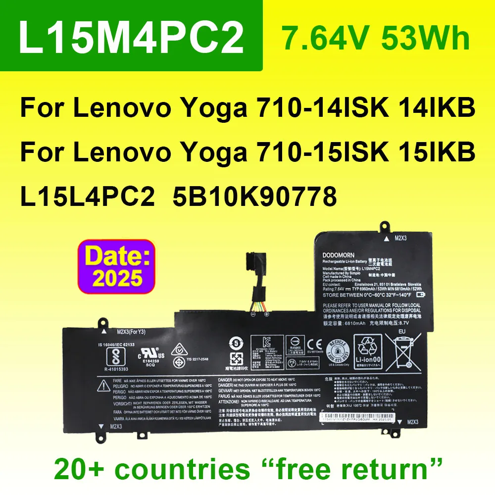 

L15M4PC2 Laptop Battery For Lenovo Yoga 710-14ISK 710-14IKB 710-15ISK 710-15IKB Series L15L4PC2 5B10K90778 7.64V 53Wh 6960mAh