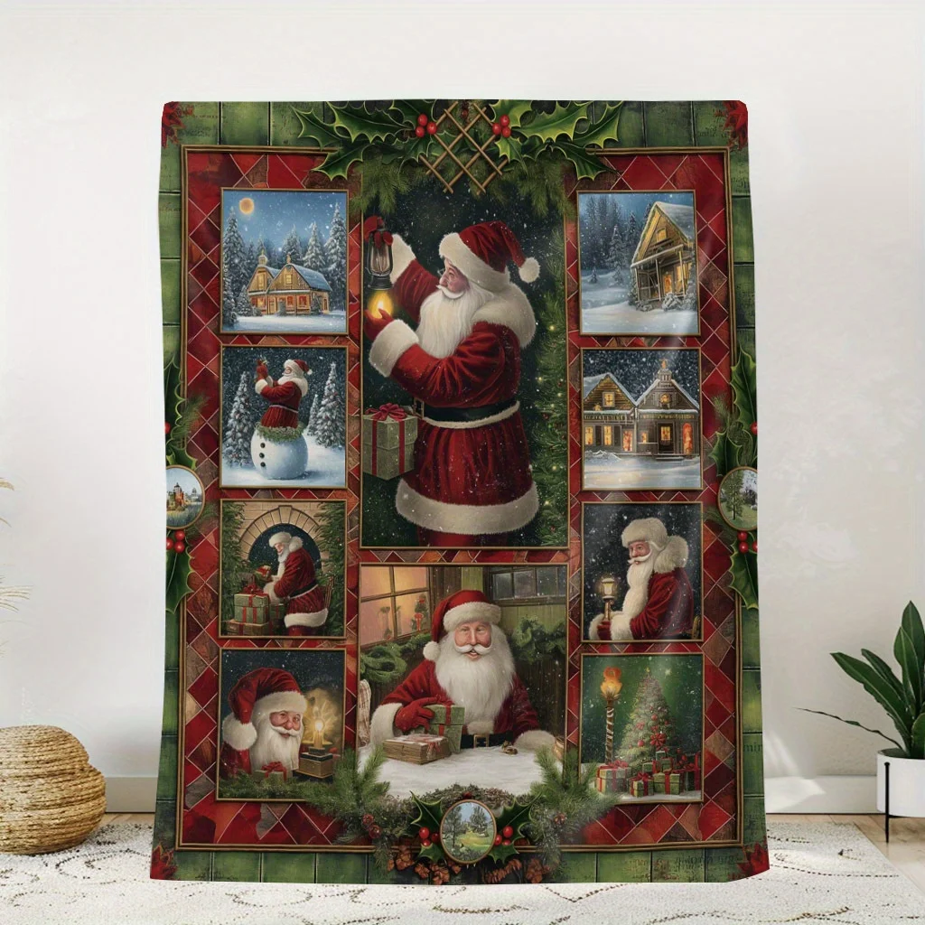 Christmas Santa Scene Flannel Throw Blanket - Knitted Polyester, Quilted Craftsmanship, Digital Printing, 200-250g Fabric Weight