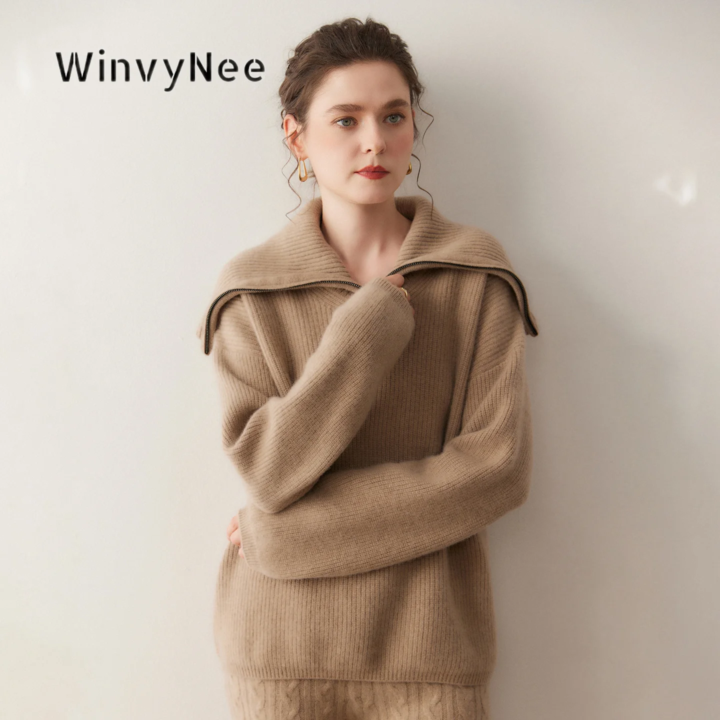 WinvyNee Womens Oversized Zip Half High Neck Vertical Rib Sweaters Thermal Blend Wool Wide Lapel Cozy Cold Season Daily A1654035