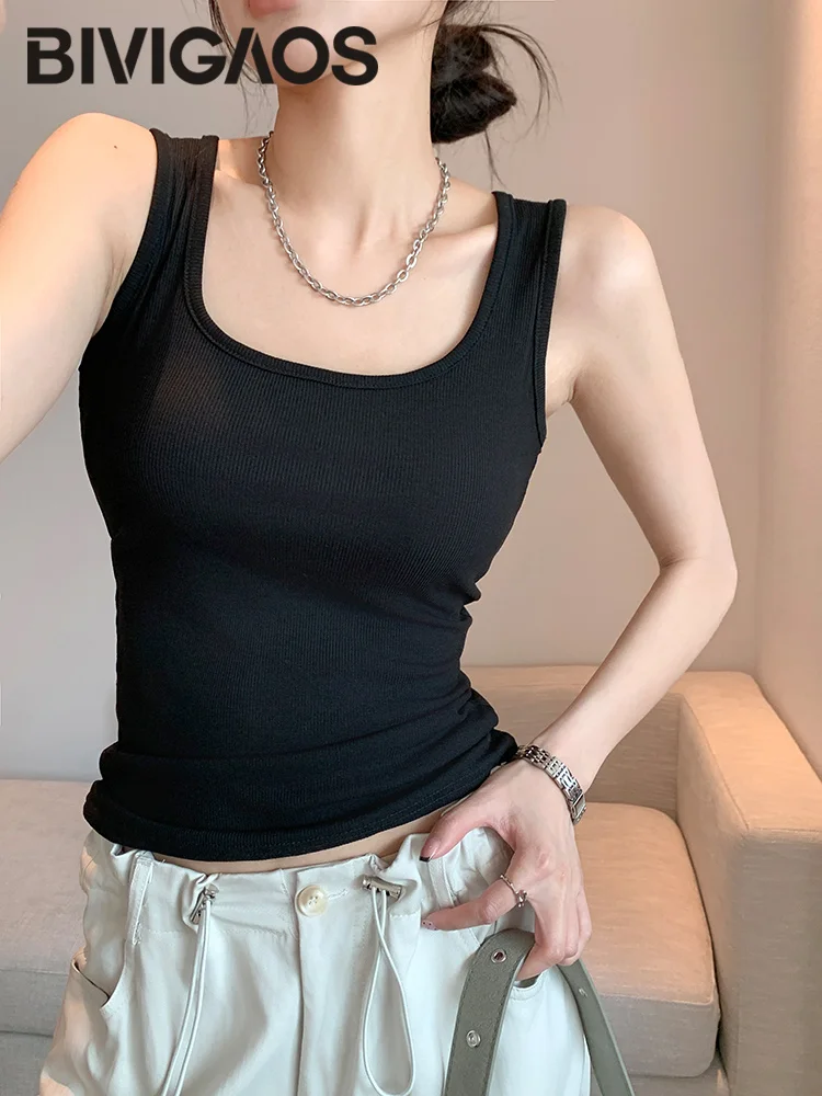 BIVIGAOS 2024 New Summer Wide Shoulder Vest Women Big U Collar Tank Top Bottoming Shirt Camisole Basic Casual Slim Waistcoat