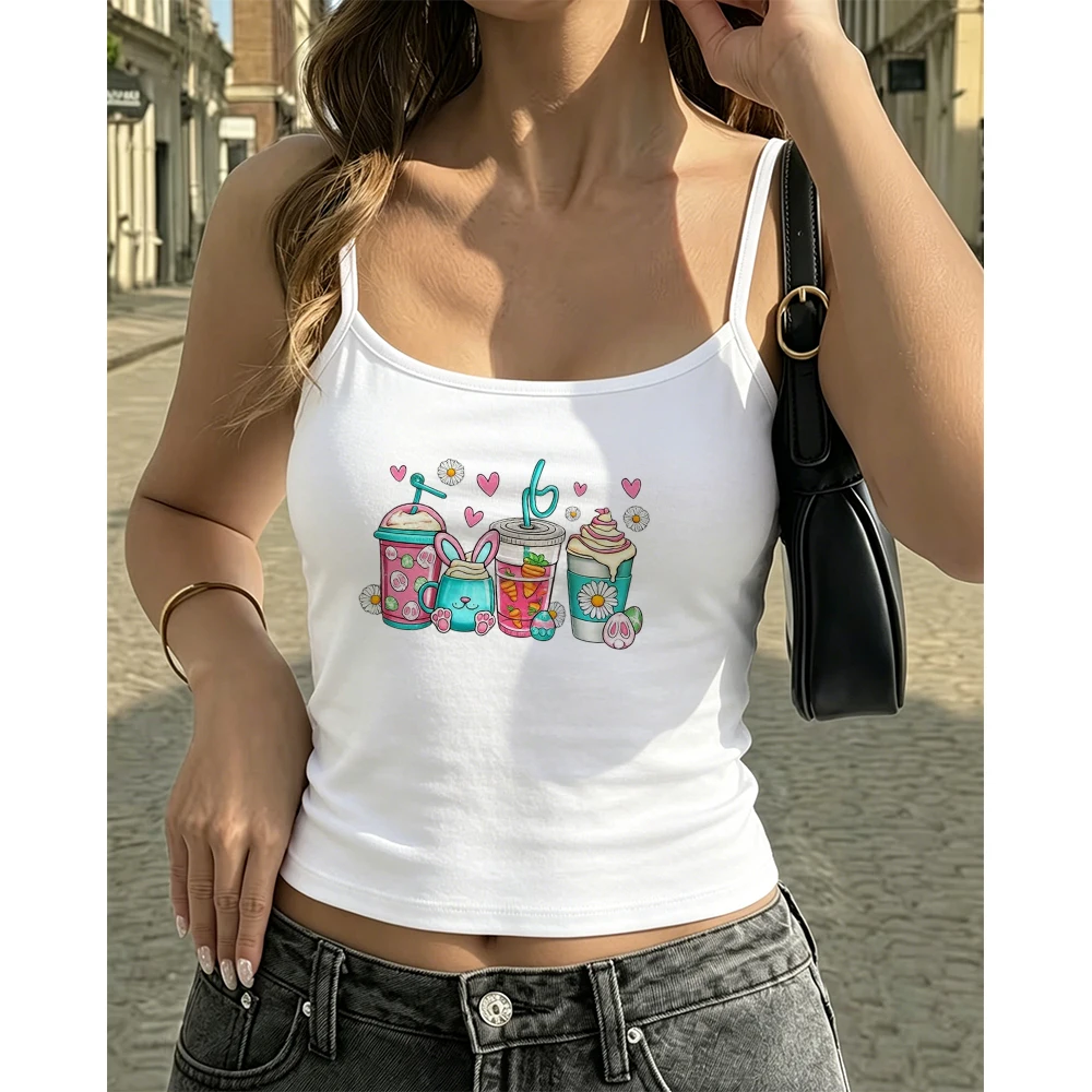 Chic Easter Bunny Coffee Camisole Aesthetic Floral Drink Graphic Tank Top Lovely Sleeveless Holiday Birthday Gift for Women