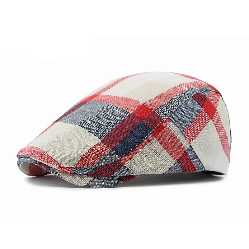 Four Seasons Cotton Plaid Newsboy Caps Flat Peaked Cap Men and Women Painter Beret Hats 02