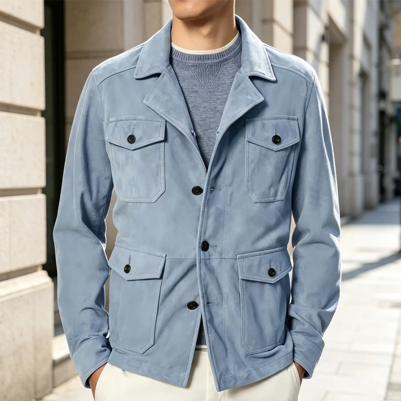 2027 Vintage Men Suede Blazer Lapel Collar Multi Pocket Suit Jacket Slim Fit Business Casual Office Daily Party For AutumnWinter