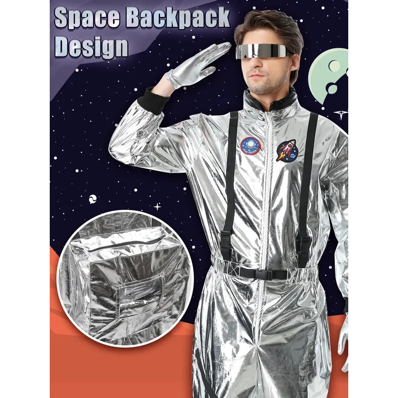 زي رائد فضاء فضي للرجال مع قبعة ونظارات شمسية وقفازات – بدلة فضائية لحفلات الهالوين والكرنفال والحفلات التنكرية والخيال العلمي mb.3