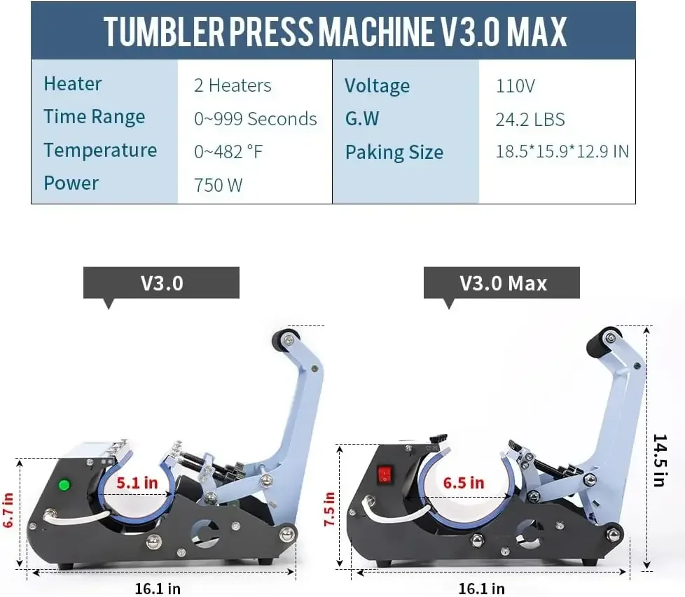 2 in 1 40  Tumbler Heat Press Machine 110 V Blue 20  30  Mug Heat Press for 40  Tumbler with Handle