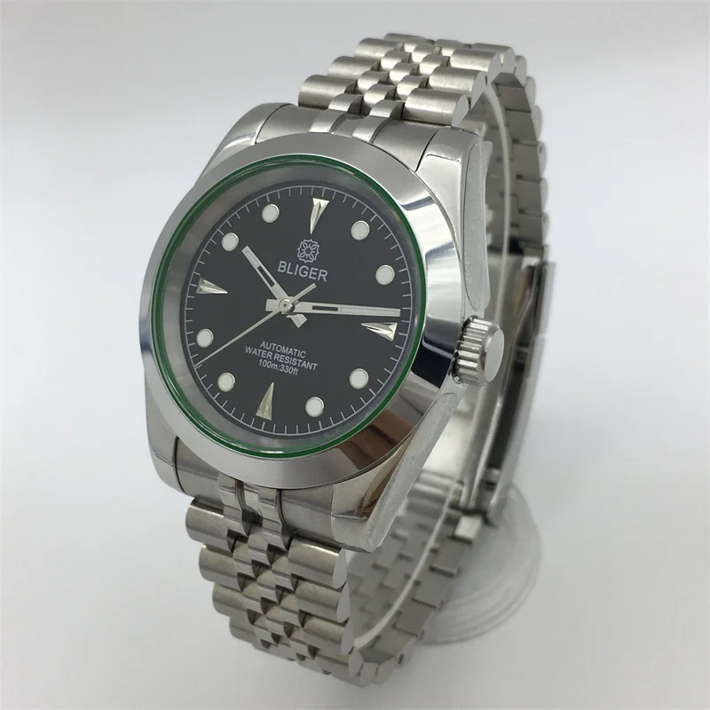 

BLIGER 39mm Polished automatic men's watch NH35A MIYOTA 8215 PT5000 movement sapphire glass green luminous dial