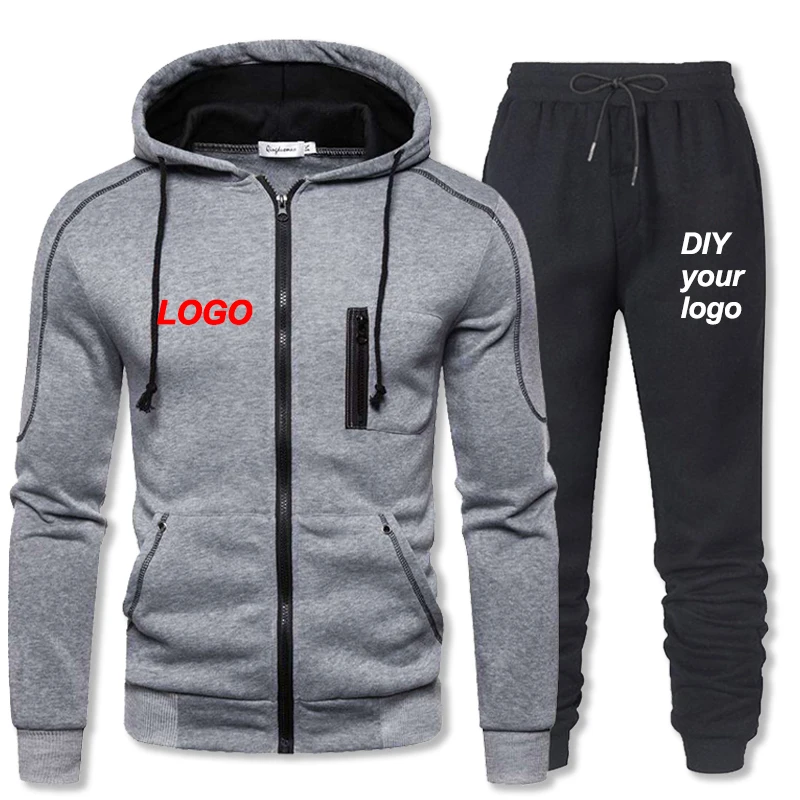 DIY customizes your logo men's sportswear zipper hooded sweatshirt sweatshirt sweatpants casual fitness jogging two-piece set