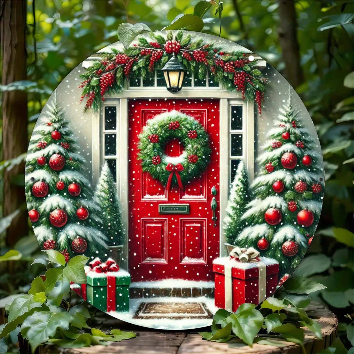 2D Magical Festive Xmas Motif Circular Platter Furniture Hanging Ornament Bistro Cafe Sleeping Quarters Lounge Entryway Holiday
