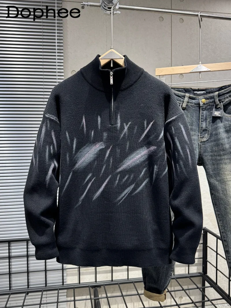 

Stand Collar Zipper Black Sweater Men's Autumn Winter Pullover Jacket Inner Wear Trendy Youth Half Turtleneck Knitwear