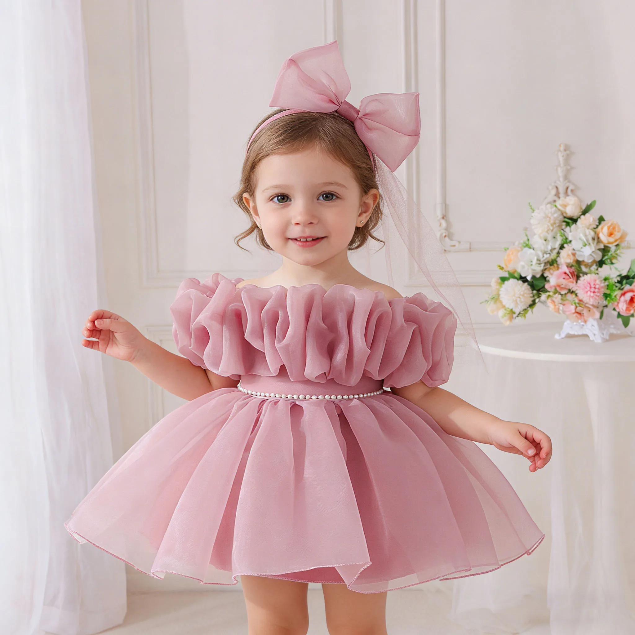 

Infant Bow Princess Dress Pink Folds Baby Girls Party Dress 2pcs 1st Birthday Baptism Bridesmaids Prom Evening Kids Clothing