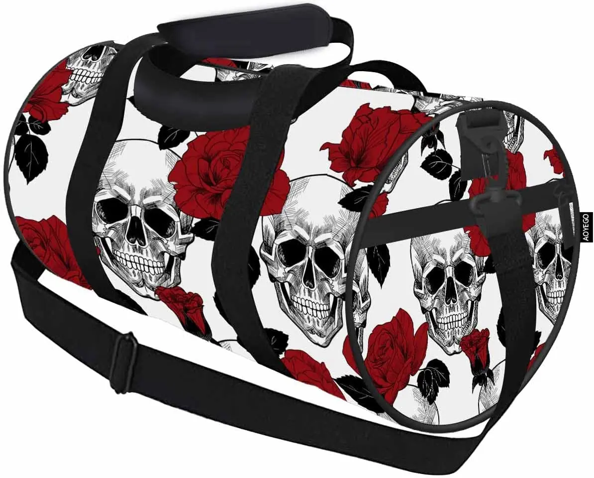 

Skull Red Roses Sports Duffle Bag Sugar Skull Day of The Dead Men Women Weekender Bag for Traveling Tote Gym Bag Shoulder Bag