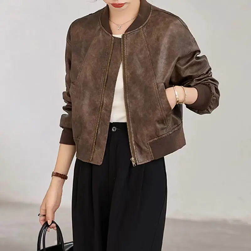 New Retro Korean Motorcycle Leather Jacket Short Leather Jacket Versatile Spring and Autumn Baseball Collar Top