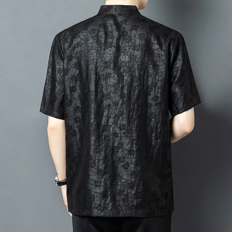 Real Silk 100% Tang Costume Shirts For Men Short Sleeve Premium Summer Quality Gambiered Canton Gauze Coolness Camisas De Hombre