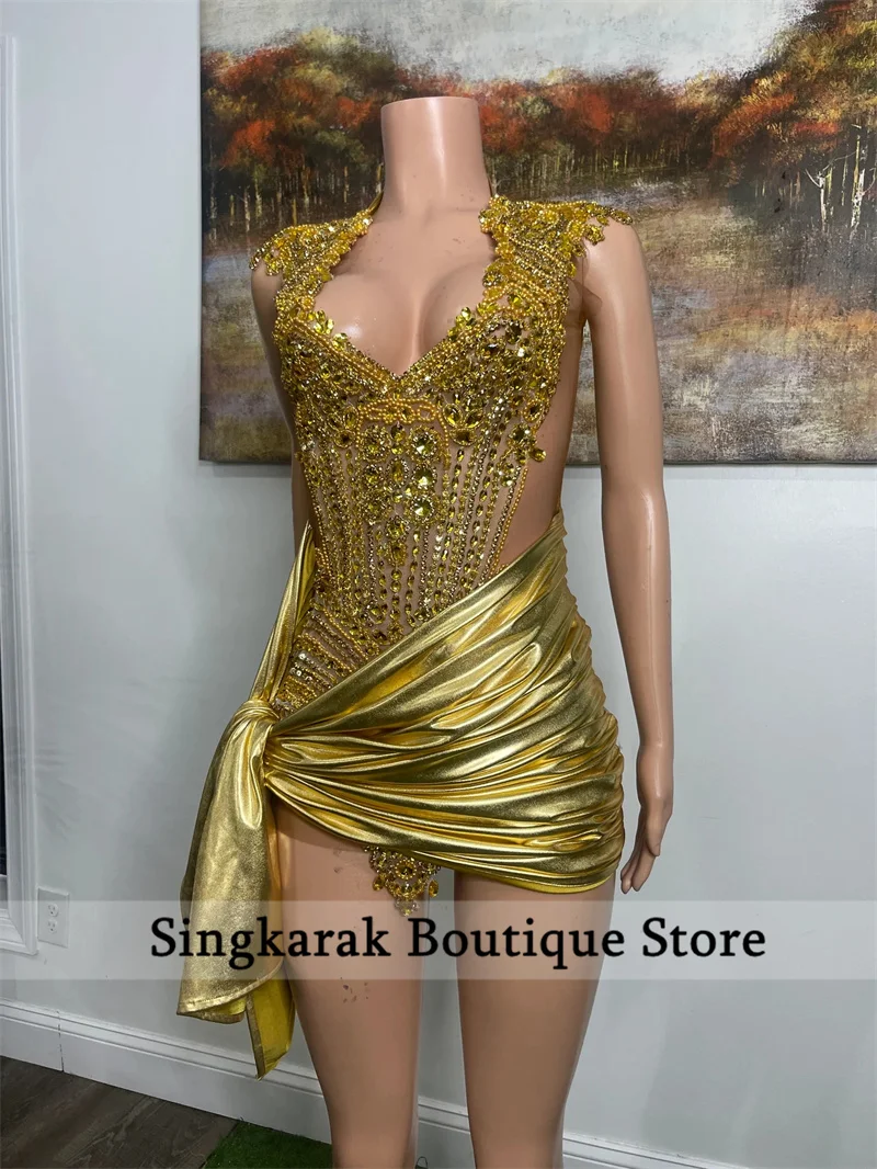 Sparkly Gold Diamonds Short Prom Glitter Beads Crystal Rhinestones Shiny Cocktail Homecoming Robe Birthday Party Customized