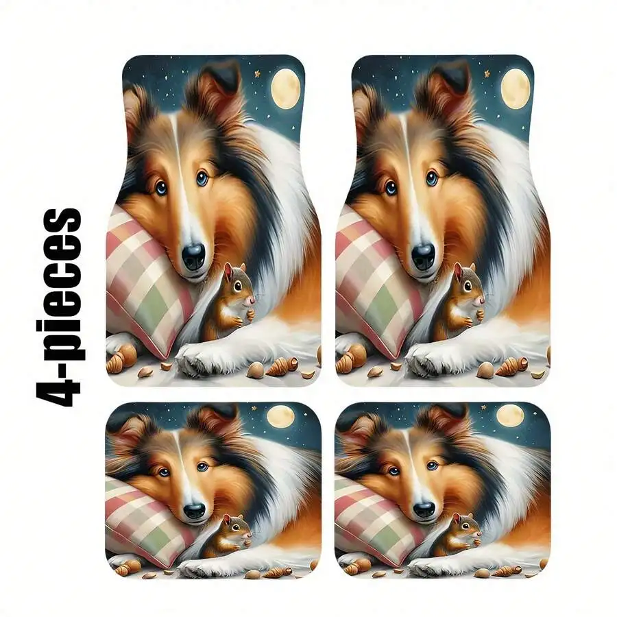 

4-Piece Car Floor Mats With Collie And Squirrel Design, Polyester Fiber, Universal Fit For Adult Vehicles