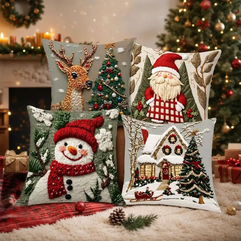 VIKAMA Christmas Pillow Cover Soft & Skin‑Friendly Deer Xmas Tree Winter Leaf Print Cushion Case for Sofa Bedroom Home Decor