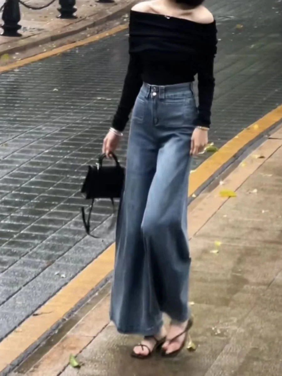 

Джинсовая юбка-брюки с высокой талией и широкими штанинами, женская, осенняя новинка, в корейском стиле, с эффектом стройности, длиной в пол, однотонные джинсы