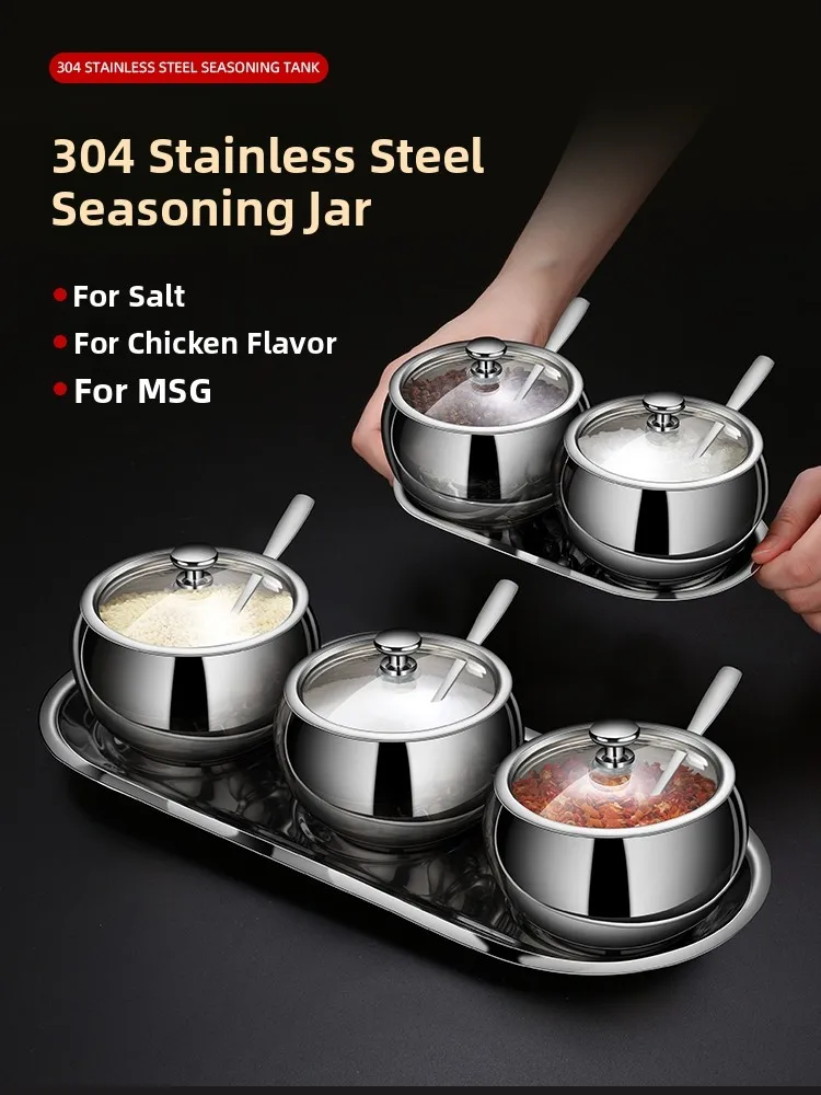 

304 Stainless Steel Kitchen Spice Jar Set Home Use Salt Bottle Pepper Spice Box Covered Spoon Included Luxury Style Storage C...