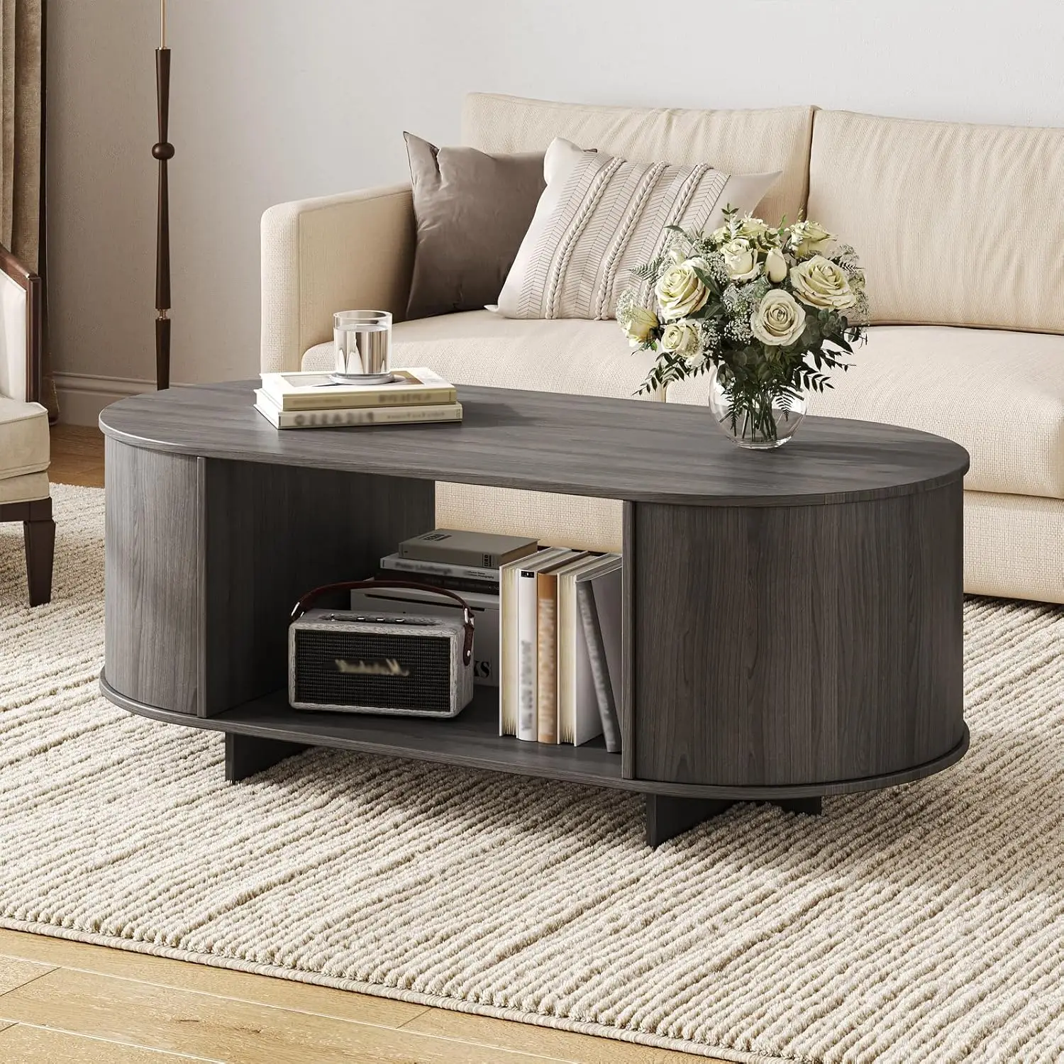 Mesa de centro ovalada rústica moderna de granja, mesa central de madera baja gris con almacenamiento, para sala de estar/dormitorio/oficina en casa