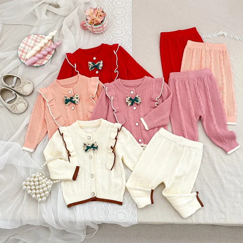 

0-24M Bow Girls Soft Knitted Cardigan+Pants Clothing Sets Autumn New Baby Clothes Knit Set Sweet Winter Infant Baby Outfits Sets