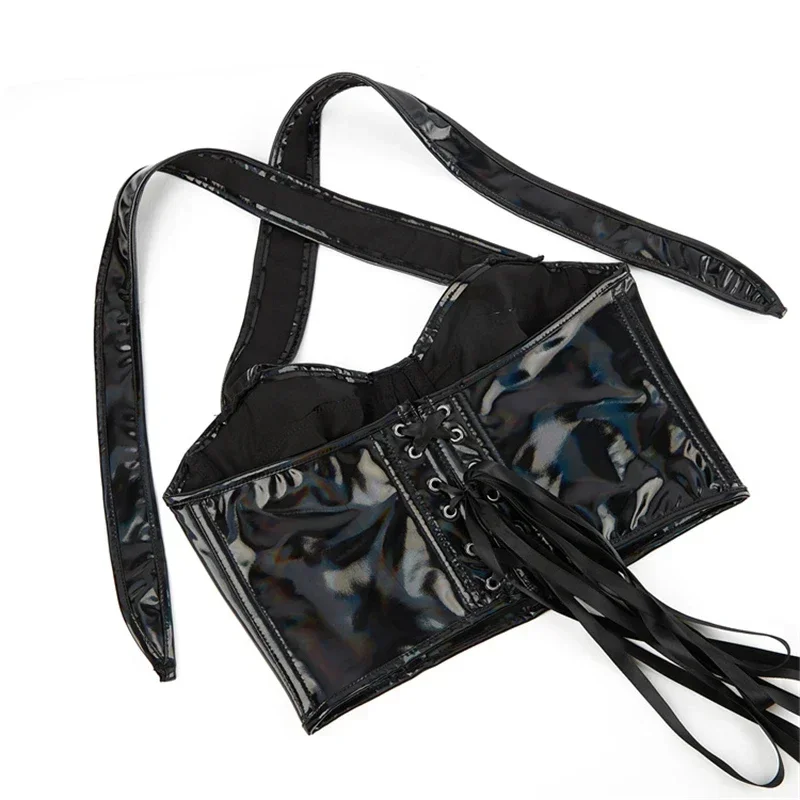 أسود بولي PU فو الجلود الرسن مشد المحاصيل القمم المرأة الدانتيل متابعة القوطية مثير مع الصلب حلقة الصدرية الصدر دعم المشدات