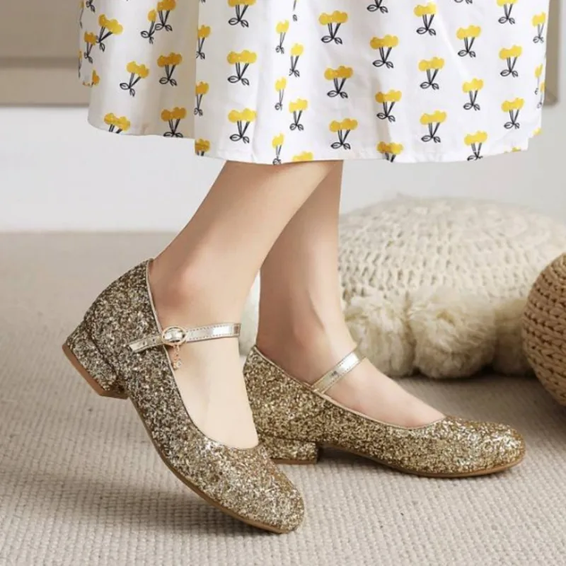 

Модные женские туфли на плоской подошве. Туфли с круглым носком. Модный показ банкетной повседневной обуви. Серебряные (золотые) туфли Мэри Джейн. РАЗМЕР: 34-48