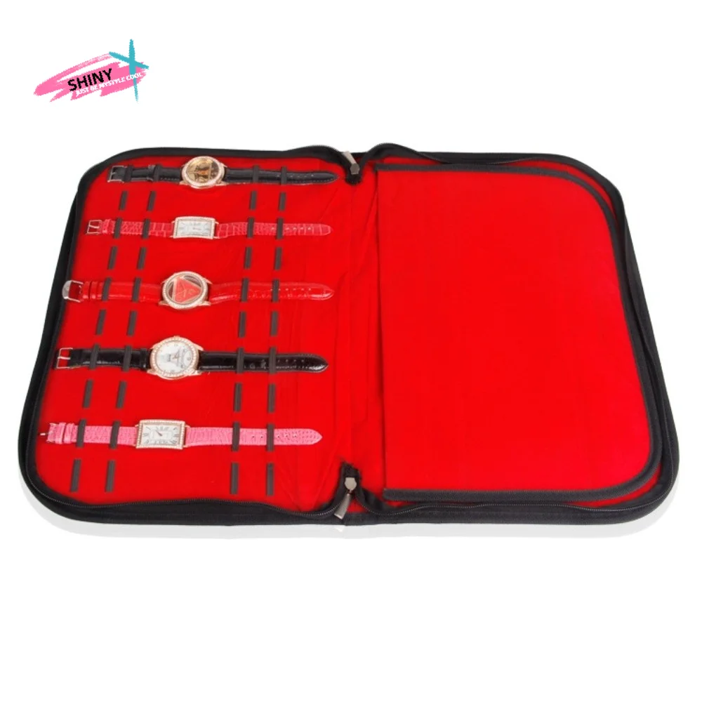 

20 Slot Portable Watch Strap Organizer Multi-function Flannel Watch Travel Case Pouch Leather Black Red Watch Storage Bag